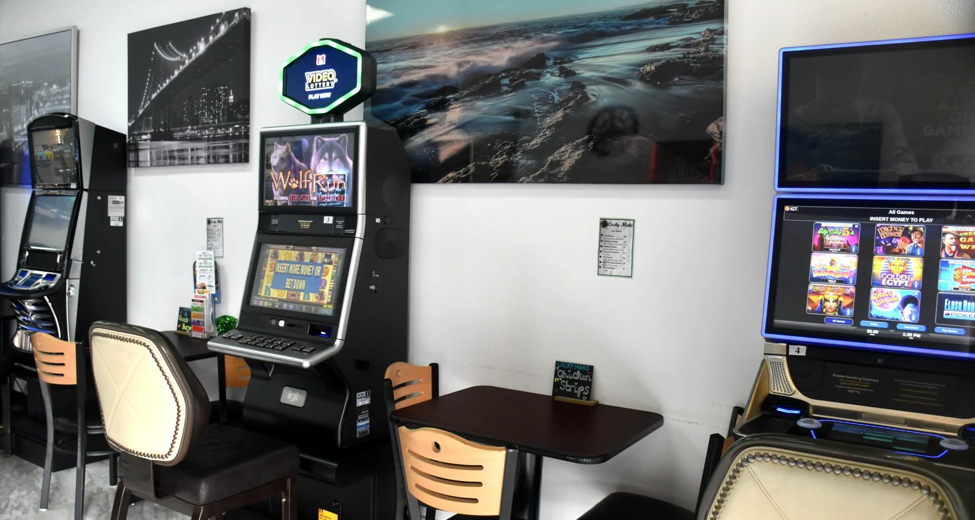 Backdrop image of video pocker slot machines and fully stocked bar
